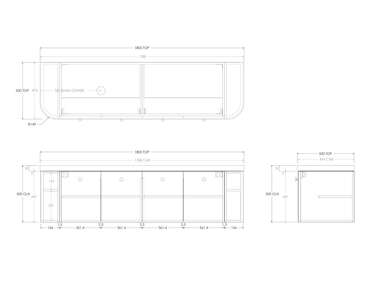 Kado Era 50mm Durasein Statement Top Double Curve All Door 1800mm Wall Hung Vanity with Left Hand Basin
