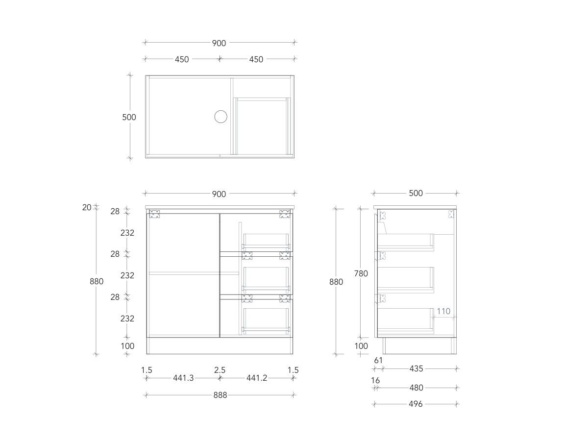 Technical Drawing - Posh Domaine Conventional 900mm Floor Mounted Vanity Centre Basin 20mm Top