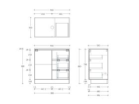 Technical Drawing - Posh Domaine Conventional 900mm Floor Mounted Vanity Centre Basin 20mm Top