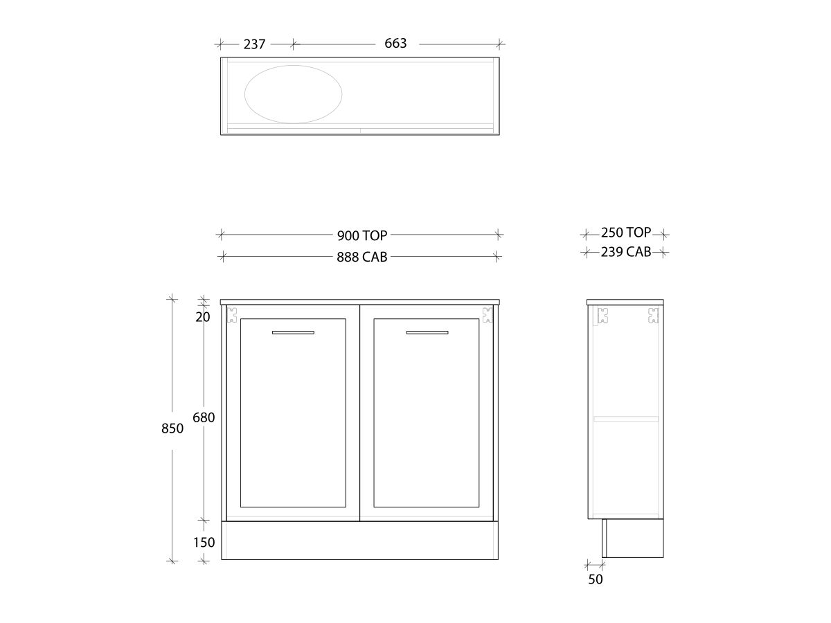 Kado Lux Petite Vanity Unit Floor Mount 900 Left & Right Bowl (Basin Included)