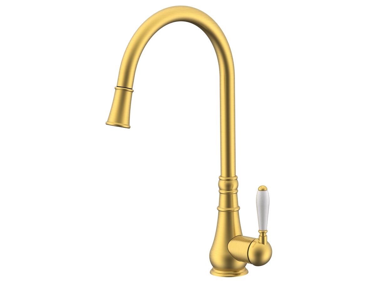 Milli Voir Gooseneck Pull-Out Sink Sink Mixer Tap with Porcelain Handle Brushed Gold (4 star)