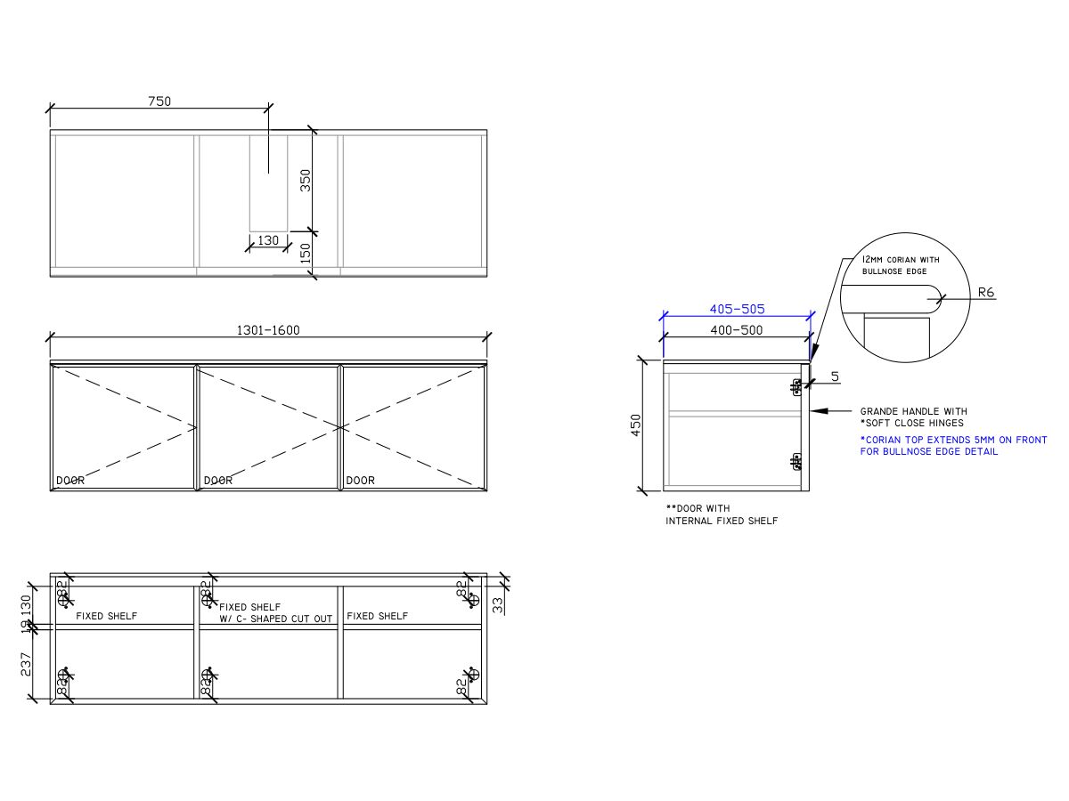 ISSY Adorn Above Counter / Semi Inset Wall Hung Vanity Unit with Three Doors & Internal Shelf with Grande Handle 1301-1600mm x 400-500mm x 450mm CENTERED (CENTRE LEFT)