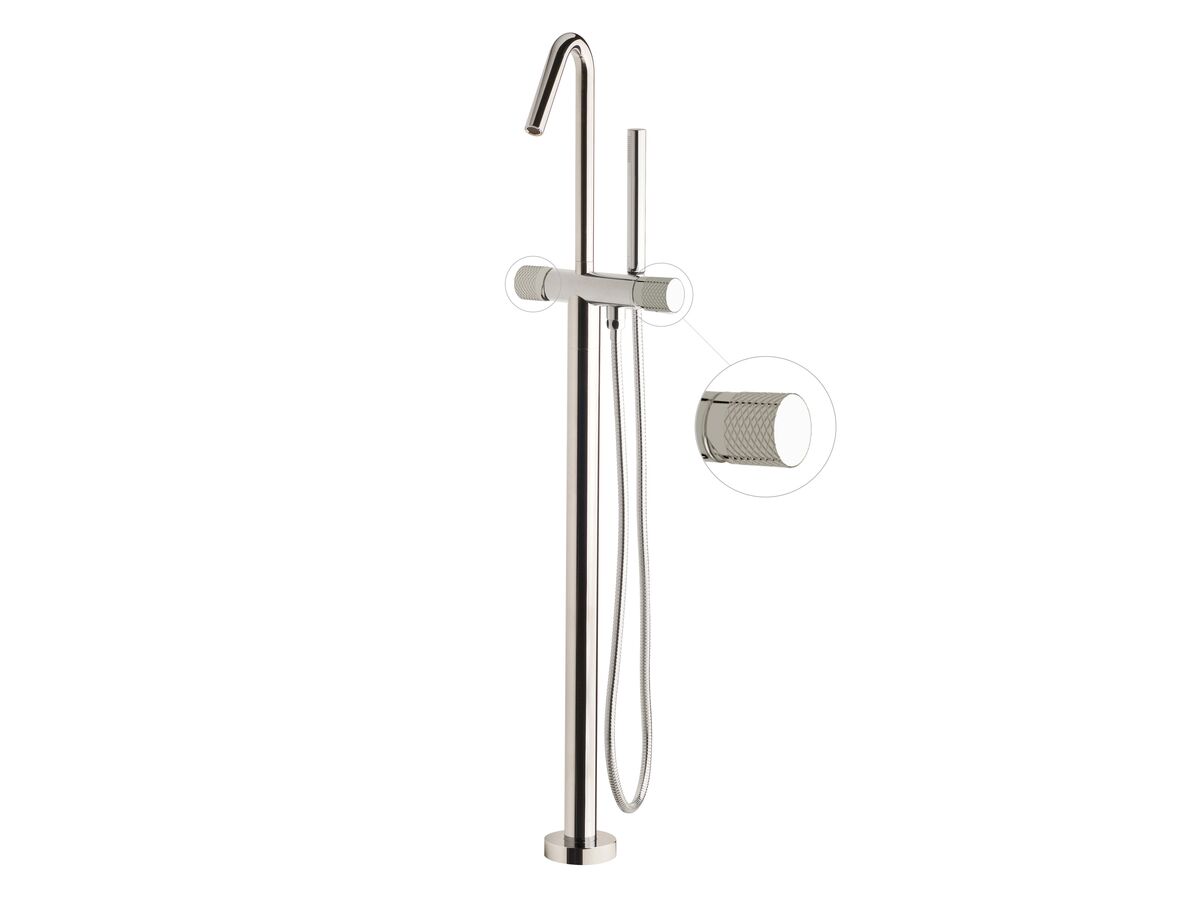 Milli Pure Floor Mounted Bath Mixer Tap with Handshower and Diamond Textured Handle Trimset Chrome (3 Star)