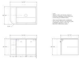 Technical Drawing - Kado Era 12mm Durasein Top Single Curve All Door 750mm Wall Hung Vanity with Center Basin