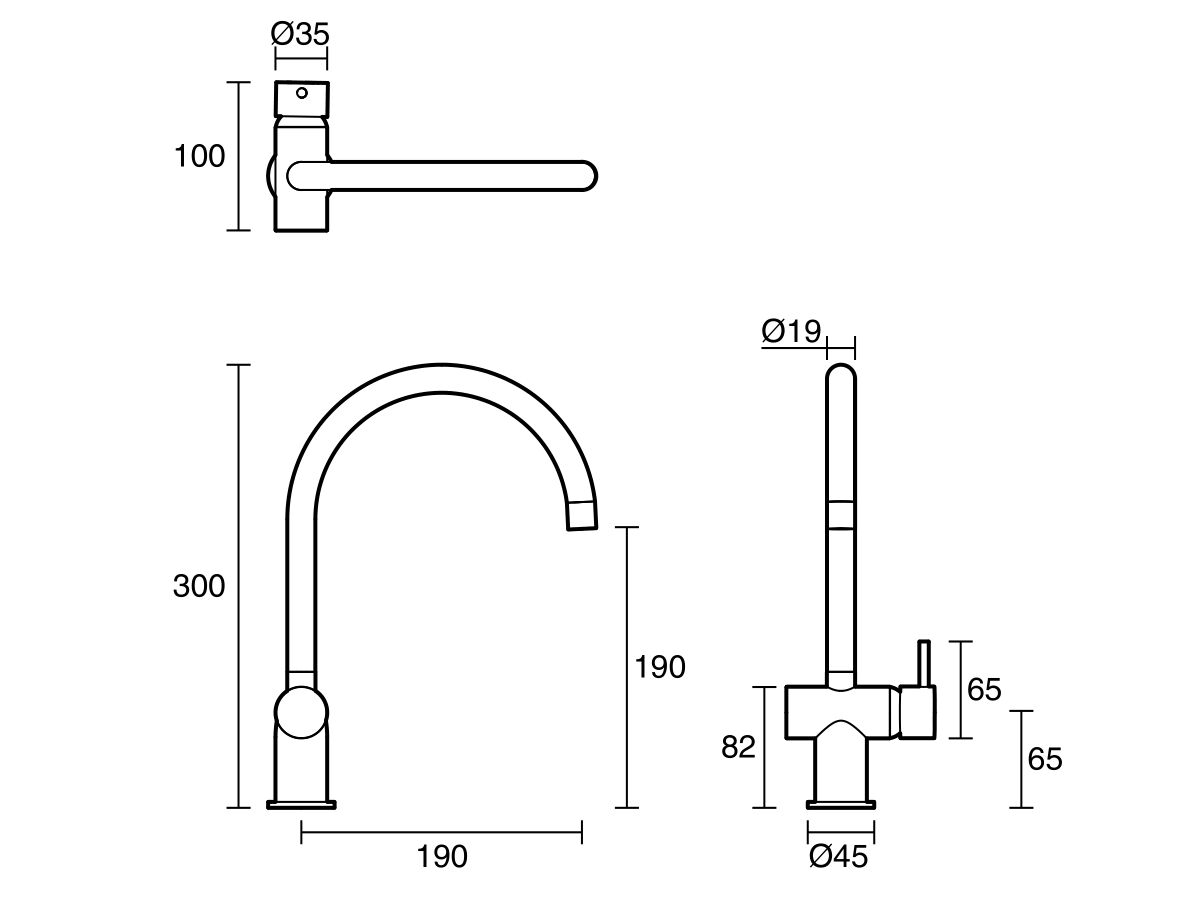 Technical Drawing - Scala Mini Sink Mixer Tap Large Curved Right Hand