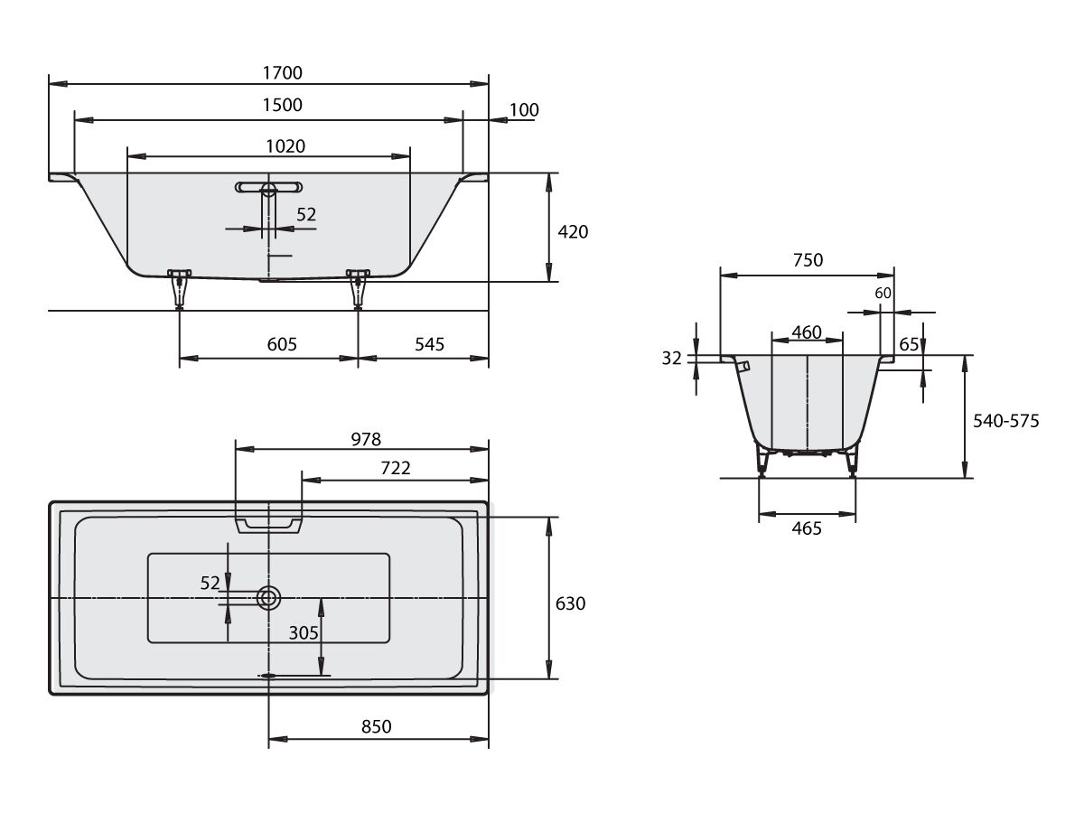 Kaldewei Puro Duo 1700x750x420 with ExaFill