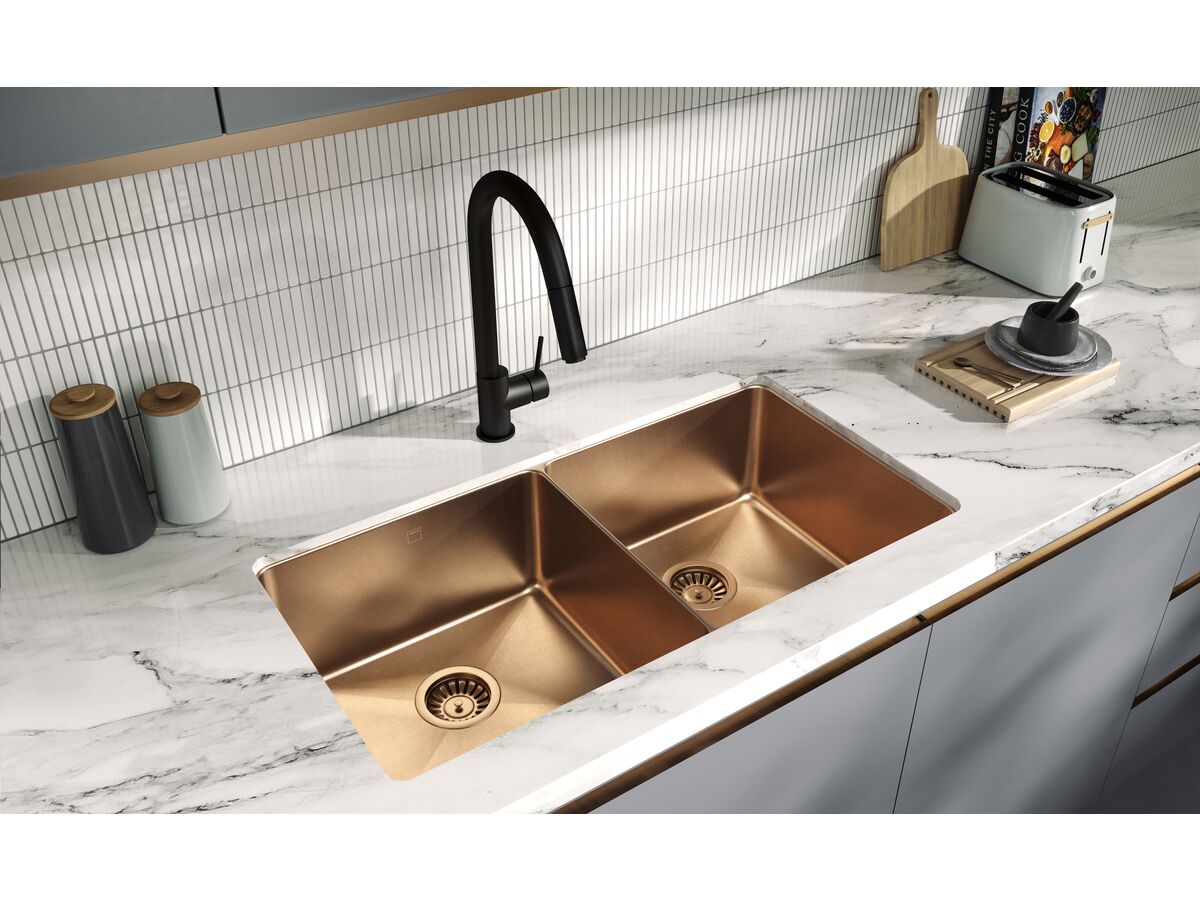 Memo Zenna Double Bowl Sink Stainless Steel Nanoplated Bronze from Reece