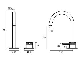 Technical Drawing - Milli Etch Hob Basin Mixer Set (6 Star)