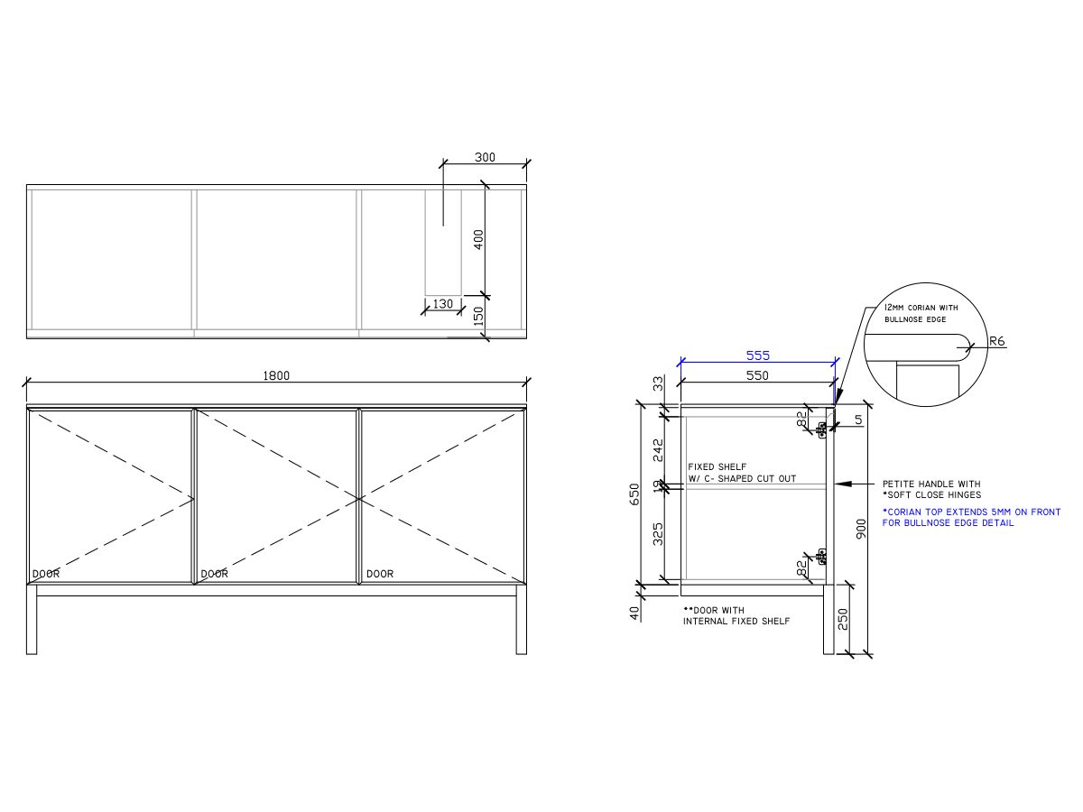 ISSY Adorn Undermount Vanity Unit with Legs Three Doors & Internal Shelves with Petite Handle 1800mm x 550mm x 900mm OFFSET RIGHT (CENTRE LEFT)
