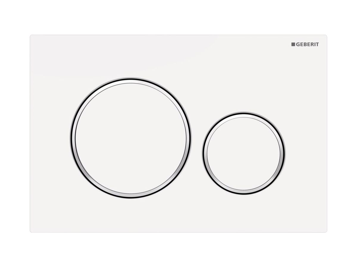 Geberit Sigma 20 Dual Flush Button Plate Matte White Buttons with Polished White Bezel and Matte White Trim