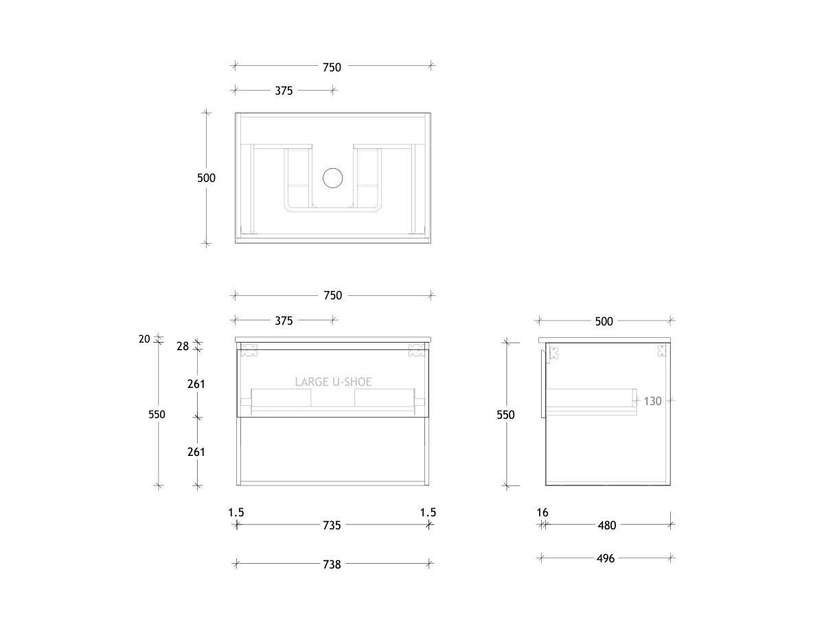 Technical Drawing - Posh Domaine All Drawer with Shelf 750mm Wall Hung Vanity Centre Basin 20mm Top