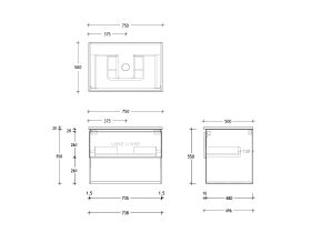 Technical Drawing - Posh Domaine All Drawer with Shelf 750mm Wall Hung Vanity Centre Basin 20mm Top