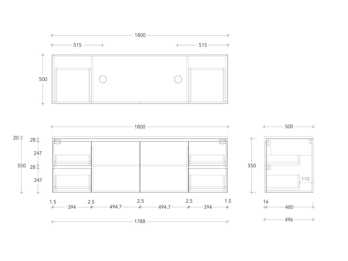 Technical Drawing - Posh Domaine Conventional 1800mm Wall Hung Vanity Double Basin 20mm Top
