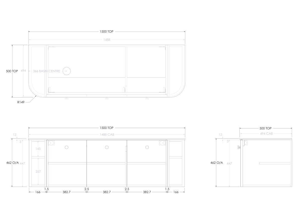Kado Era 12mm Durasein Top Double Curve All Door 1500mm Wall Hung Vanity with Left Hand Basin