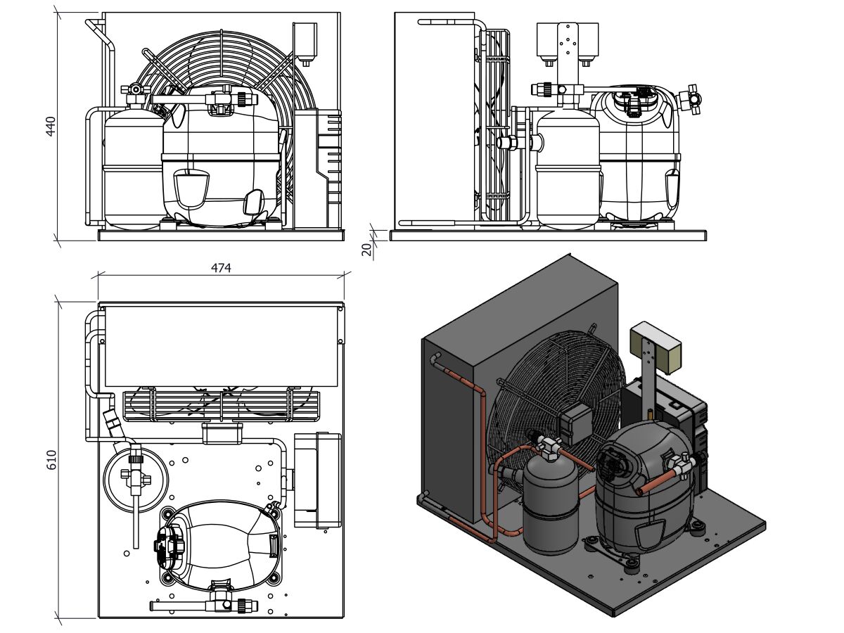 Tecumseh AJ2 HTA Condensing Unit 1 1/8 R404 MHBP CAJT9513ZMHR-FZ-3 with Pressure Control 1.1 HP