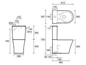 Technical Drawing - American Standard Heron Hygiene Rim Back Inlet Close Coupled Back to Wall Toilet Suite with Soft Close Quick Release Seat White (4 Star)