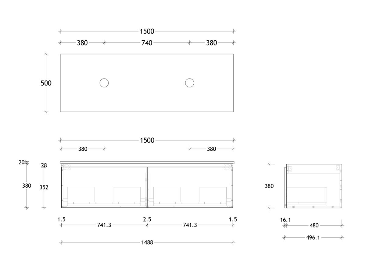 Posh Domaine 1500mm Wall Hung Vanity Unit All-Drawer Double Bowl Friday Top (no basin)