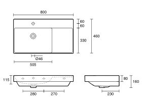 Technical Drawing - Roca Ona Wall Hung Basin 800mm x 460mm 1 Taphole with Right Hand Shelf Overflow White