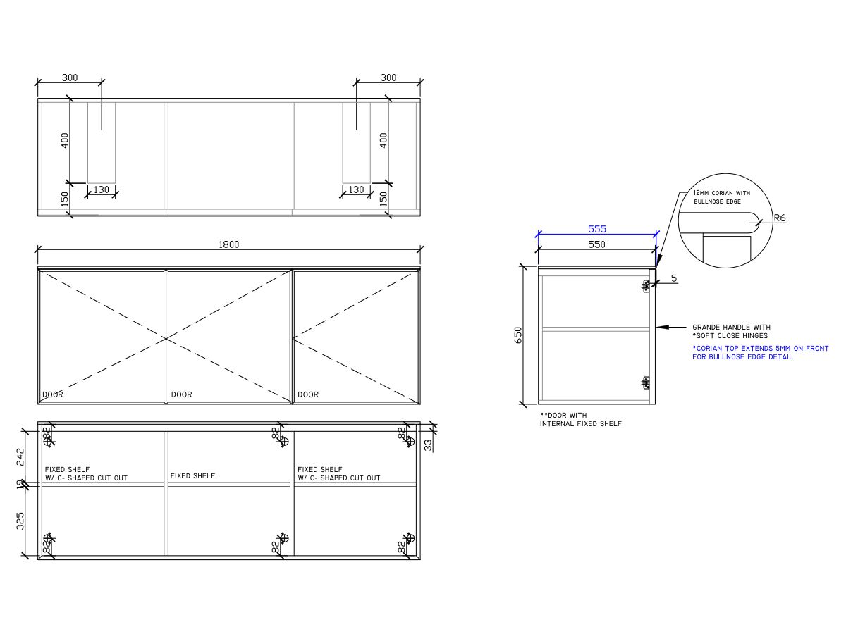 ISSY Adorn Undermount Wall Hung Vanity Unit with Three Doors & Internal Shelf with Grande Handle 1800mm x 550mm x 650mm DOUBLE (CENTRE RIGHT)