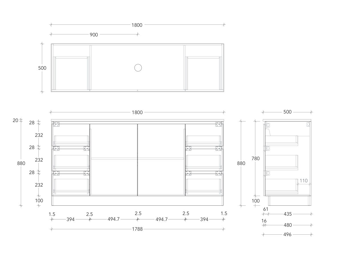 Technical Drawing - Posh Domaine Conventional 1800mm Floor Mounted Vanity Centre Basin 20mm Top