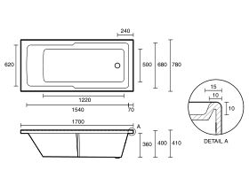 Technical Drawing - Posh Domaine Shower Bath 1700 x 780 x 410mm White