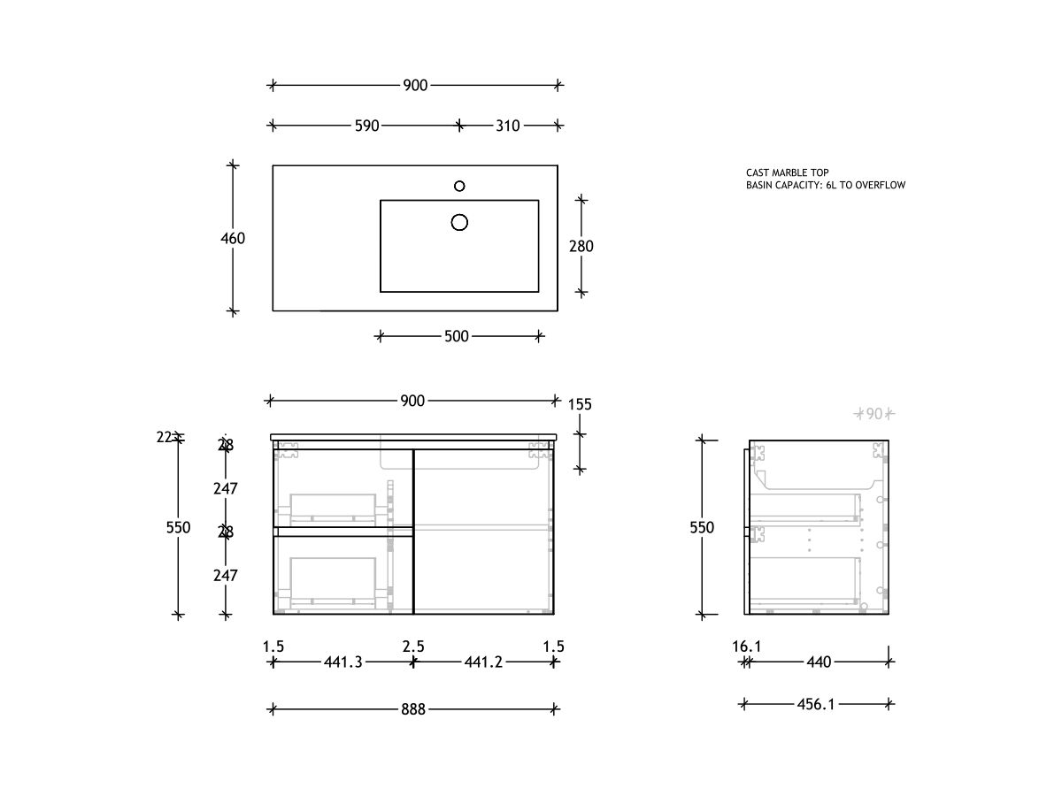 Posh Domaine Plus Conventional 900mm Wall Hung Vanity Cast Marble Top