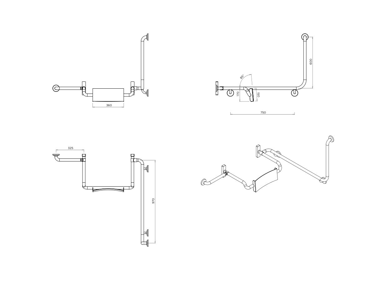 Britex Adjustable Backrest with Comb Left Hand Rail 90 Degree Stainless Steel
