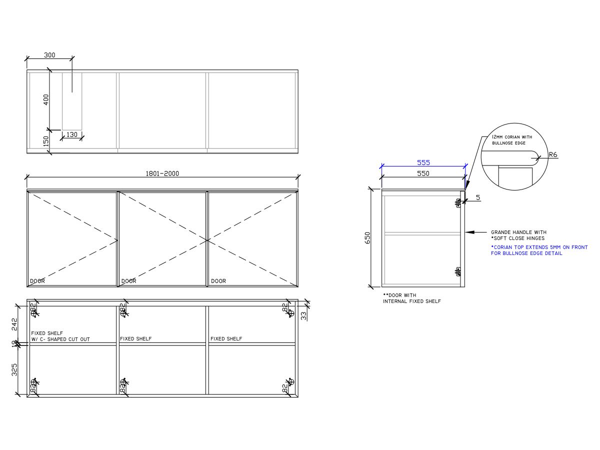 ISSY Adorn Undermount Wall Hung Vanity Unit with Three Doors & Internal Shelf with Grande Handle 1801-2000mm x 550mm x 650mm OFFSET LEFT (CENTRE LEFT)
