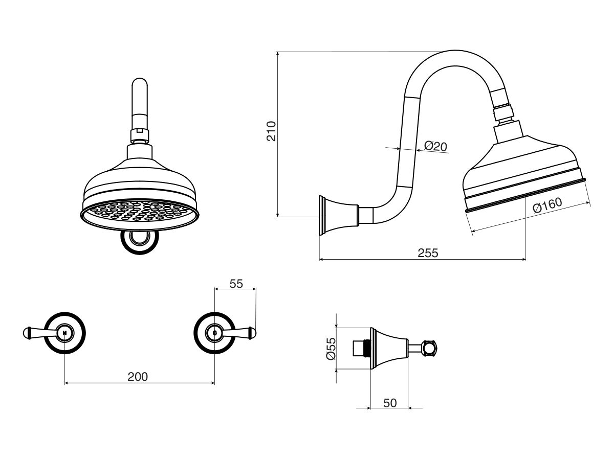 Posh Canterbury Gooseneck Shower Set Lever Handles Chrome (3 Star) from