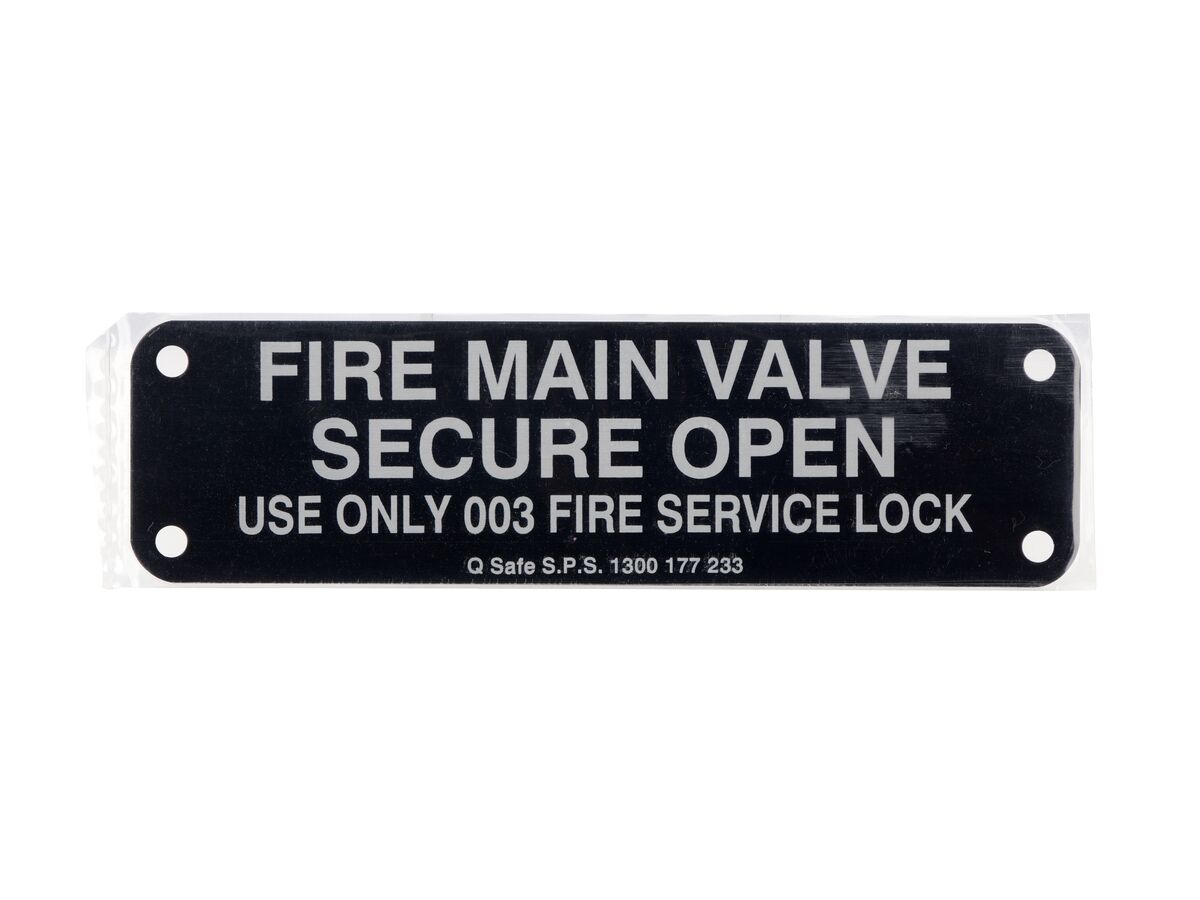 Fire Main Valve Open 180mm x 50mm Black Tag