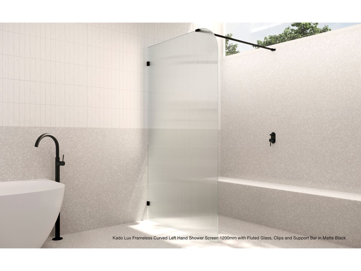 In Situ - Kado Lux Frameless Curved Left Hand Shower Screen 1200mm with Fluted Glass, Clips and Support Bar in Matte Black