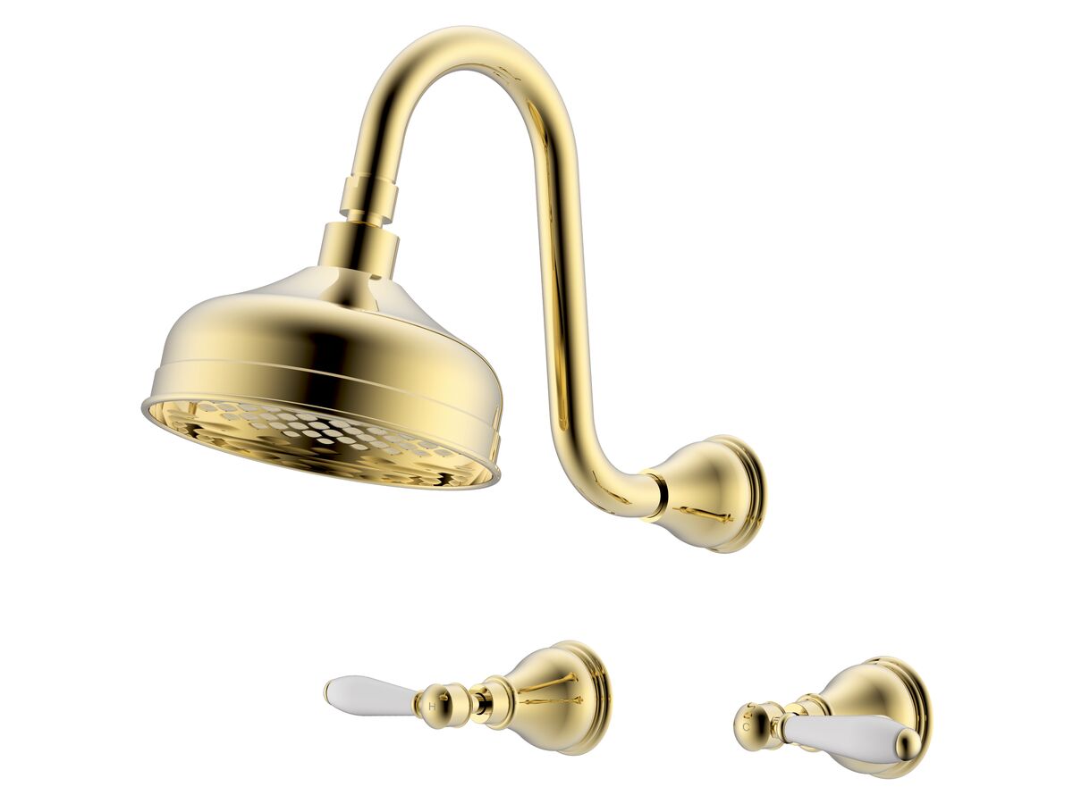 Milli Monument Edit Gooseneck Shower Set Lever Porcelain Handles Brass Gold (3 Star)
