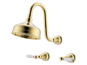 Milli Monument Edit Gooseneck Shower Set Lever Porcelain Handles Brass Gold (3 Star)