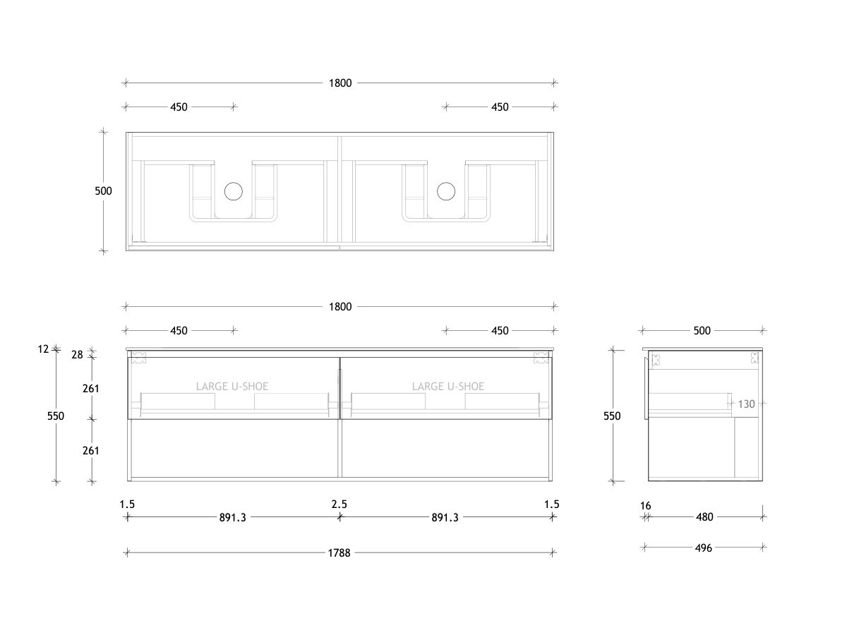 Posh Domaine and Domaine Plus 1800mm Wall Hung Vanity Unit All-Drawer Open Shelf Double Bowl Durasein Top (No Basin)