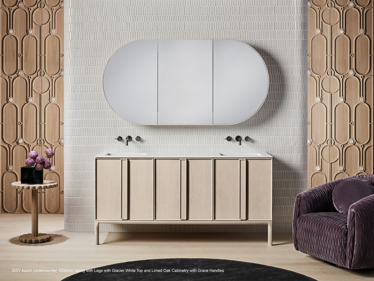 Adorn 4 vanity with Carrara Grace handle and Halo shaving cabinet landscape top view - Limed Oak