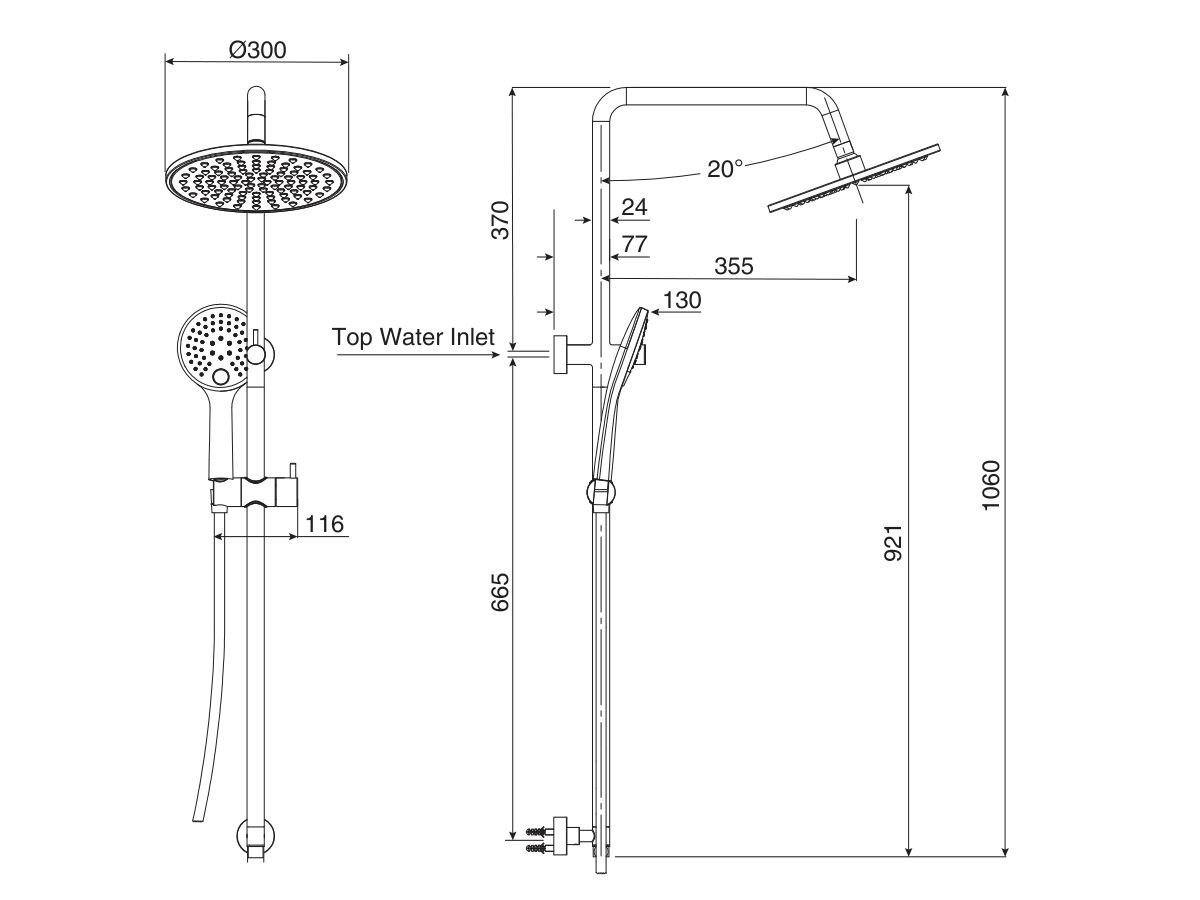 Mizu Drift Twin Rail Shower with 300 Brass Overhead with Top Rail Water