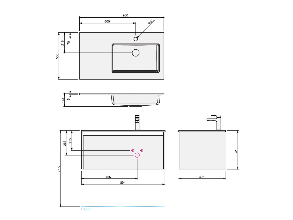 Kayla Wall Hung Vanity Unit 900 Integrated Right Hand Basin 1 Drawer