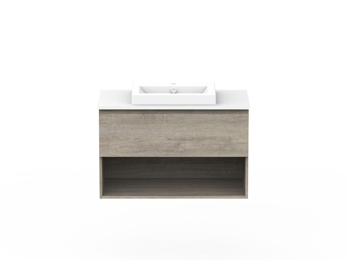 Posh Domaine 900mm Wall Hung Vanity Unit AllDrawer Open Shelf Cherry