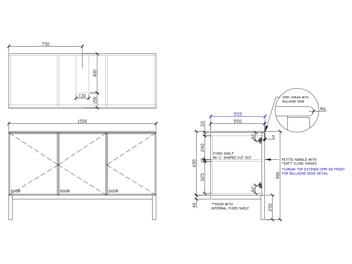 ISSY Adorn Undermount Vanity Unit with Legs Three Doors & Internal Shelves with Petite Handle 1500mm x 550mm x 900mm CENTERED (CENTRE RIGHT)