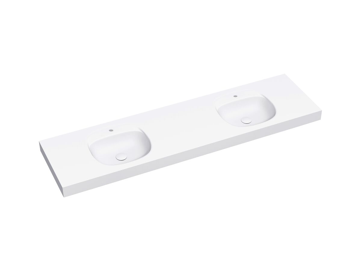 Kado Lussi 1800mm Double Wall Basin Rear Shelf with Overflow 2 Taphole Matte White Solid Surface