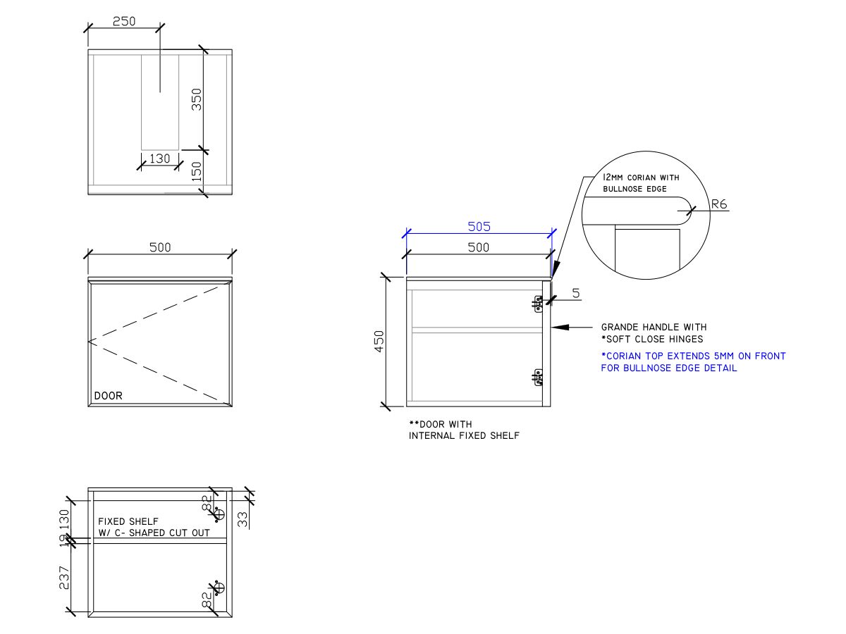 ISSY Adorn Above Counter / Semi Inset Wall Hung Vanity Unit with One Door & Internal Shelf with Grande Handle 500mm x 500mm x 450mm CENTER (RIGHT)