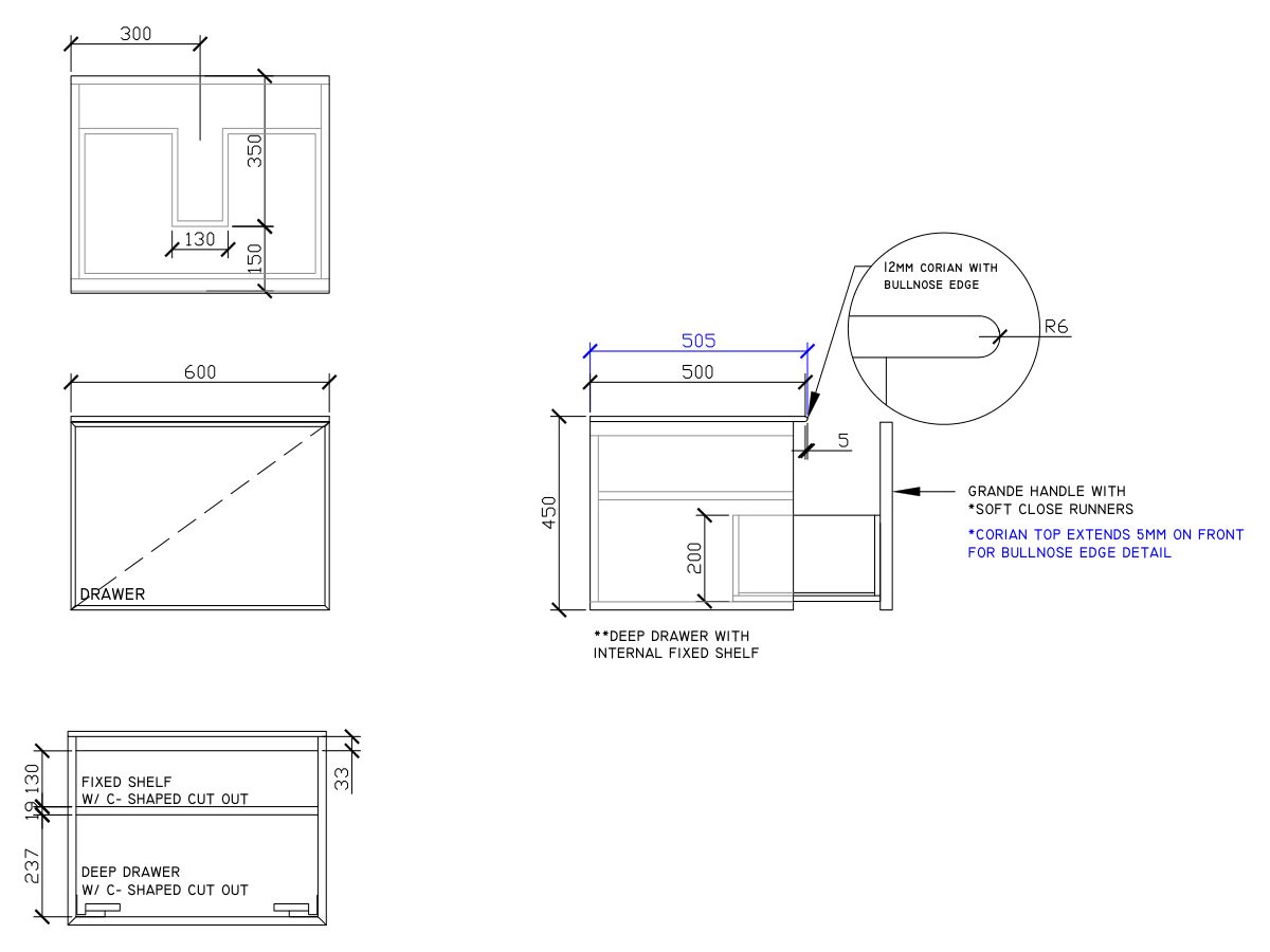 ISSY Adorn Above Counter / Semi Inset Wall Hung Vanity Unit with One Drawer & Internal Shelf with Grande Handle 600mm x 500mm x 450mm CENTER
