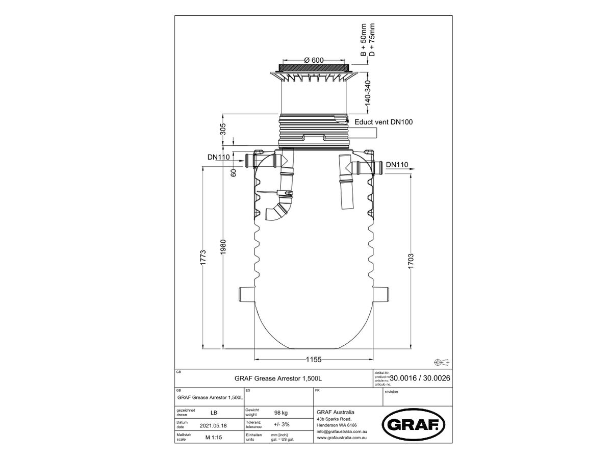 GRAF Grease Trap 1500ltr includes Cast Iron Lid Class B from Reece