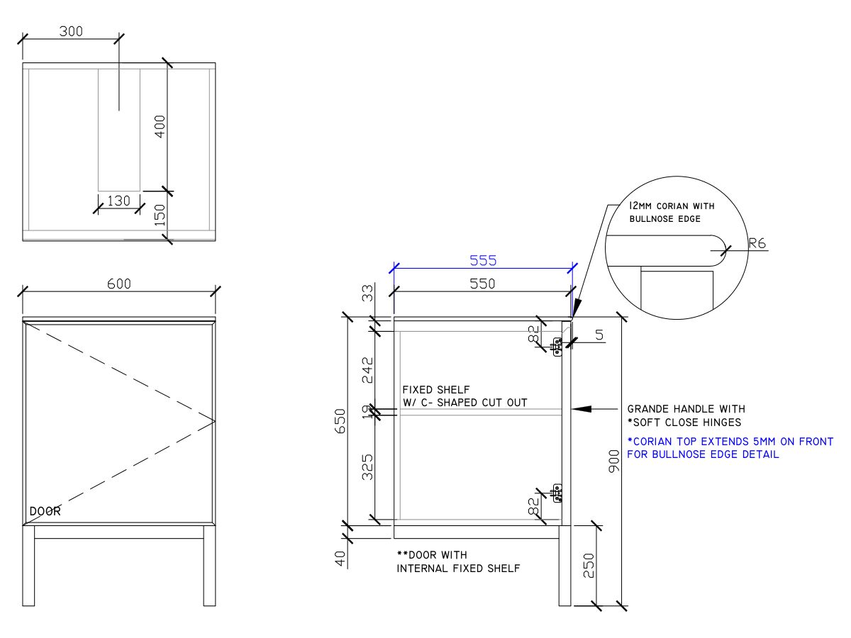 ISSY Adorn Undermount Vanity Unit with Legs One Door & Internal Shelf with Grande Handle 600mm x 550mm x 900mm CENTER (LEFT)