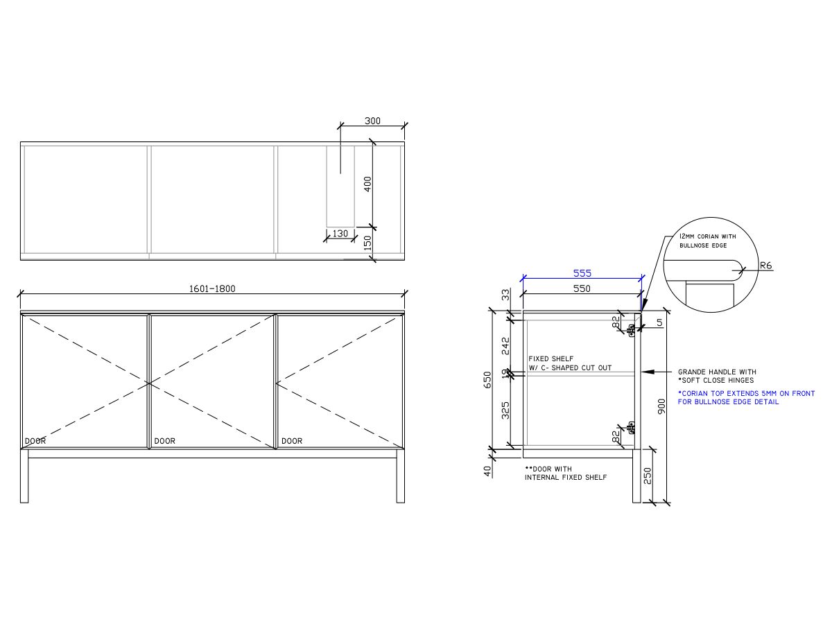 ISSY Adorn Undermount Vanity Unit with Legs Three Doors & Internal Shelves with Grande Handle 1601-1800mm x 550mm x 900mm OFFSET RIGHT (CENTRE RIGHT)