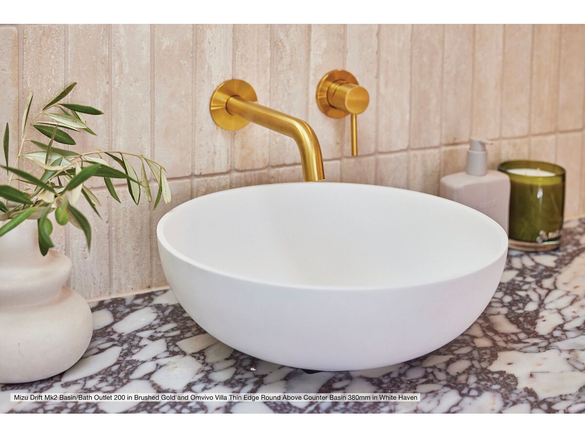 In Situ - Mizu Drift Mk2  Basin/Bath Outlet 200 in Brushed Gold and Omvivo Villa Thin Edge Round Above Counter Basin 380mm in White Haven