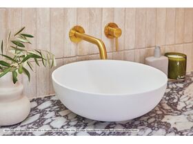 In Situ - Mizu Drift Mk2  Basin/Bath Outlet 200 in Brushed Gold and Omvivo Villa Thin Edge Round Above Counter Basin 380mm in White Haven