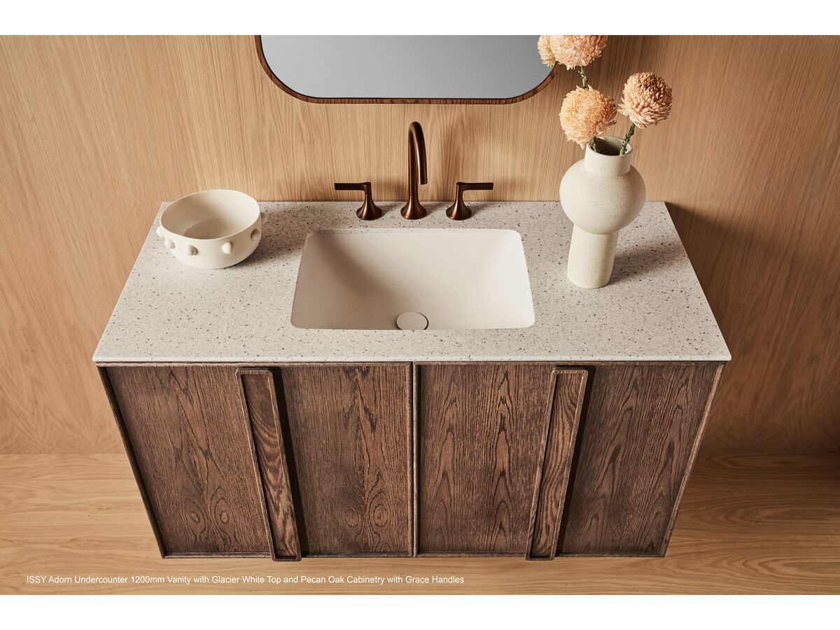 Adorn 3 vanity with Grace handle and Cloud shaving cabinet landscape - Pecan Oak