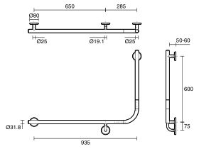 Mizu Drift 935mm x 600mm x 90 Degree Accessible Toilet Grab Rail Modular Left Hand