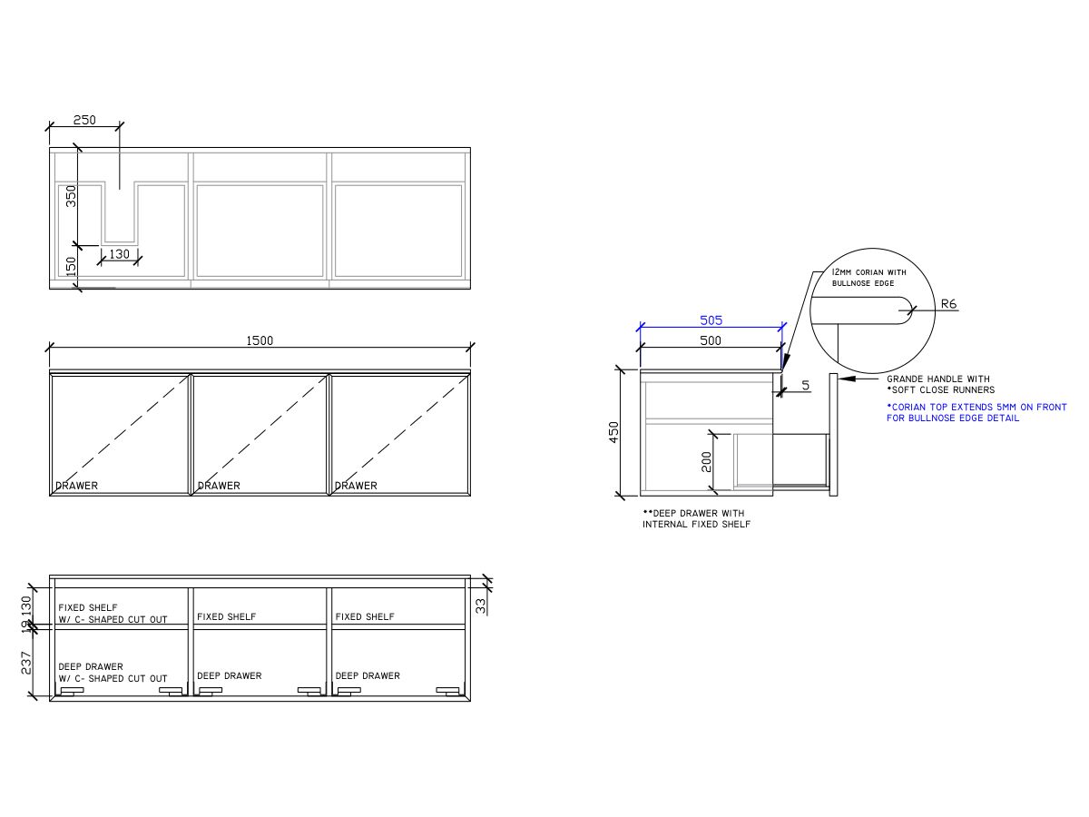ISSY Adorn Above Counter / Semi Inset Wall Hung Vanity Unit with Three Drawers & Internal Shelves with Grande Handle 1500mm x 500mm x 450mm OFFSET LEFT